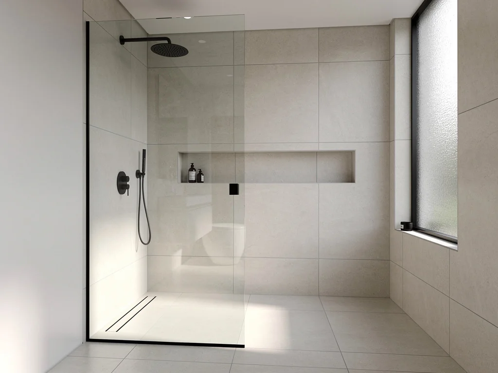 Douche à l'italienne rénovée, paroi vitrée sans cadre et carrelage grand format anthracite