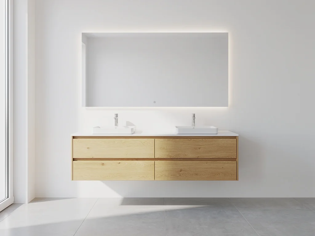 Meuble double vasque suspendu et grand miroir rétroéclairé dans une salle de bain moderne
