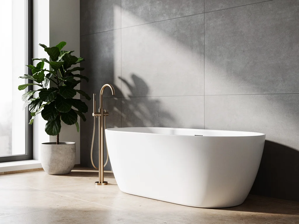 Baignoire îlot ovale et robinetterie laiton brossé sur un mur carrelé gris mat