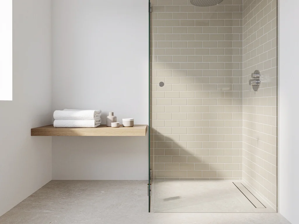 Petite salle de bain optimisée avec douche et faïence beige métro, finition épurée