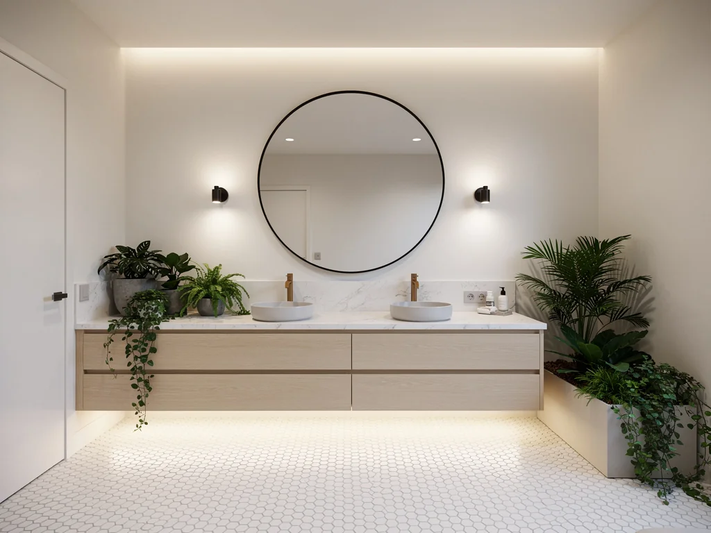 Salle de bain contemporaine avec double vasque, tomettes hexagonales et miroir rond