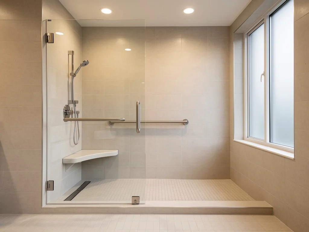 Douche de plain-pied sécurisée avec barre d'appui et sol antidérapant, salle de bain accessible